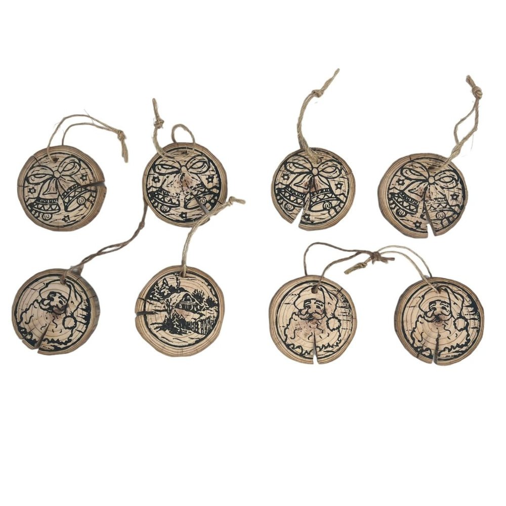 Handmade Wooden Circle Stamped Christmas Tree Ornaments Set of Six 3 in